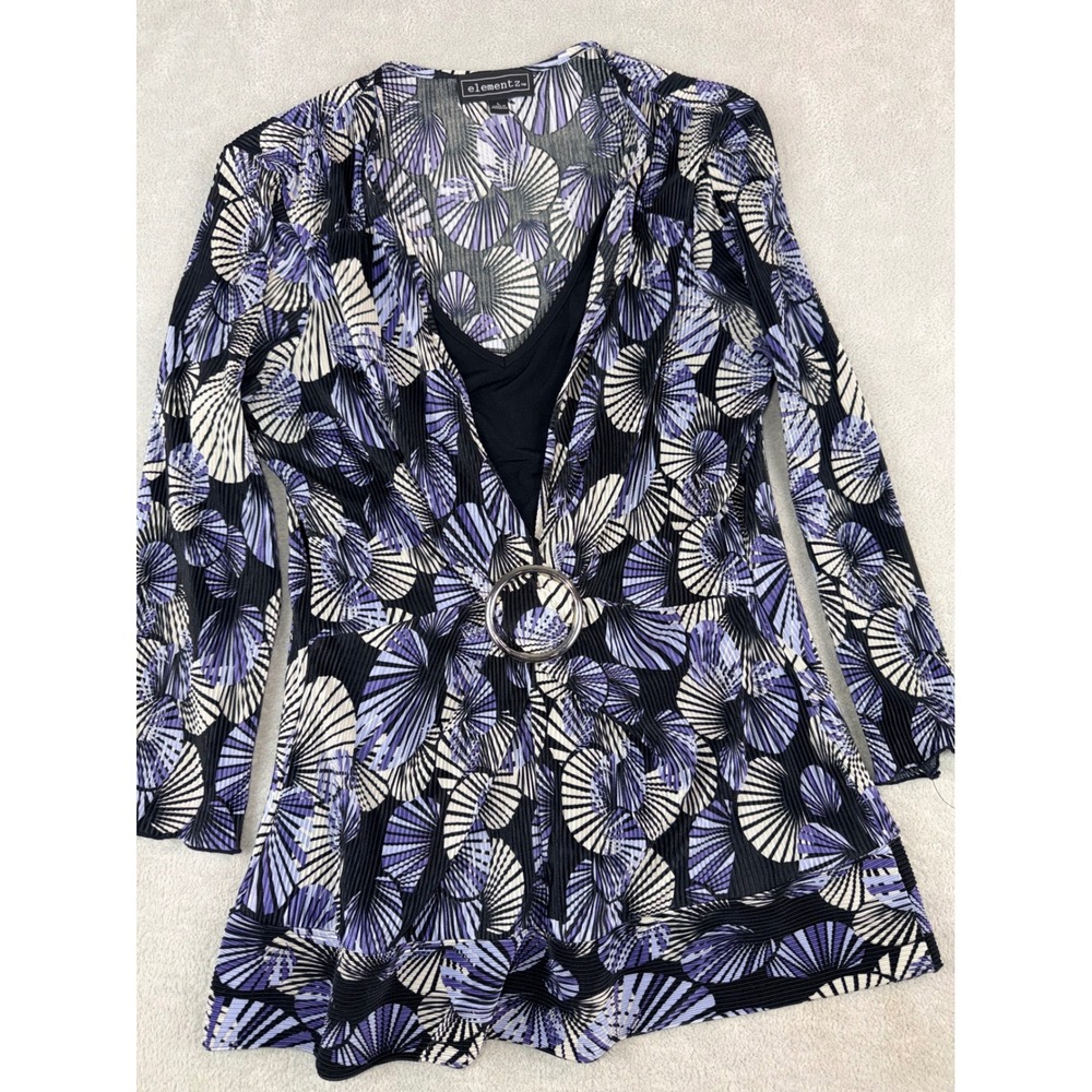 Elementz Women's Large Purple Fan Print Pleated Long Sleeve Blazer Style‎ Top